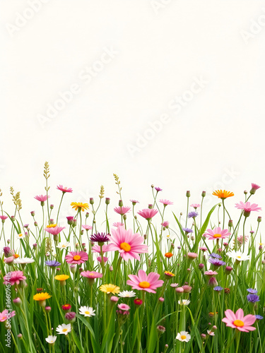Field of flowers and grass cut out on transparent background 3d rendering png