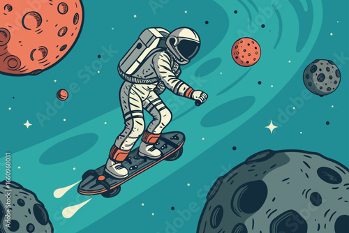 Astronaut on futuristic hoverboard above asteroid.