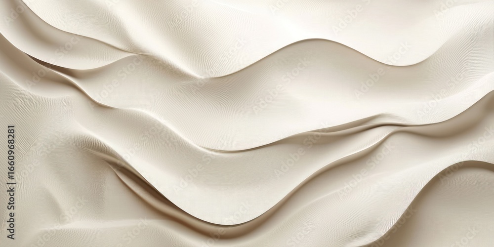 Obraz premium A smooth, flowing wave of beige fabric drapes dramatically against a stark black background. The fabric exhibits a complex, undulating pattern with sharp, defined creases and subtle gradients