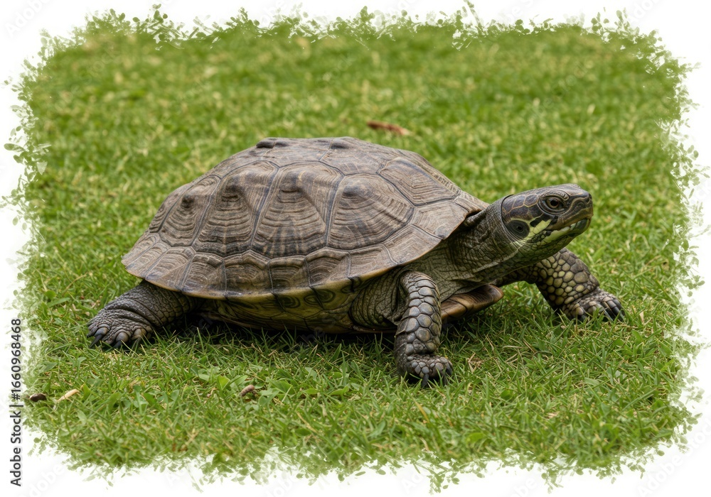 Green Turtle Walking on Lush Green Grass in a Natural Setting Green Turtle Walking on Lush Green Grass in a Natural Setting