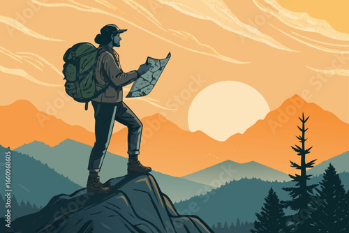 A lone backpacker surveys a vast mountain vista.