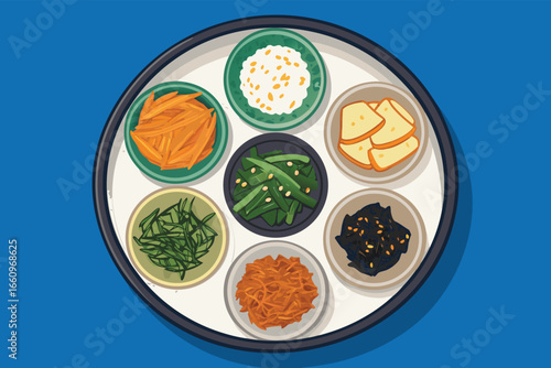 Korean banchan side dishes arrayed around a main dish.