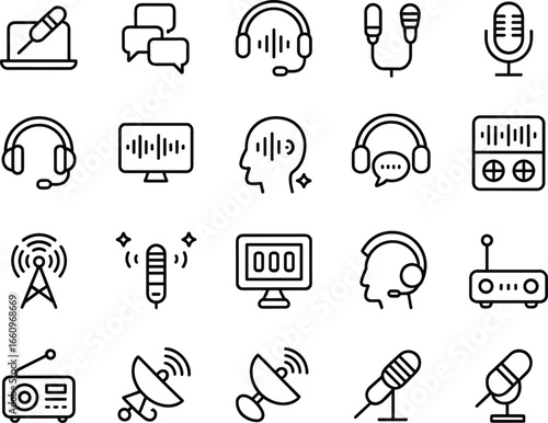 Audio communication icons set, including microphone, headphones, radio, sound wave, podcast, broadcasting, signal tower, satellite dish, voice chat, sound recording, audio equipment