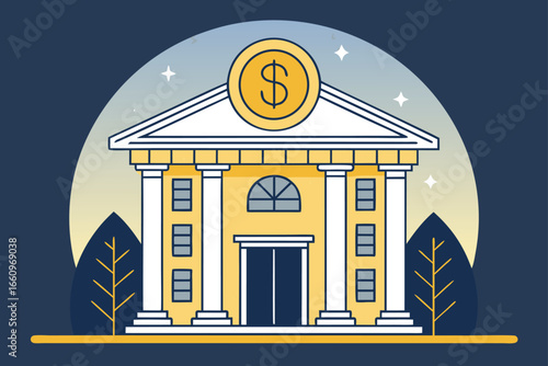Grand bank facade featuring a colossal coin emblem.