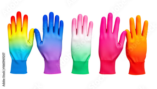 Rainbow rubber gloves isolated on a transparent background