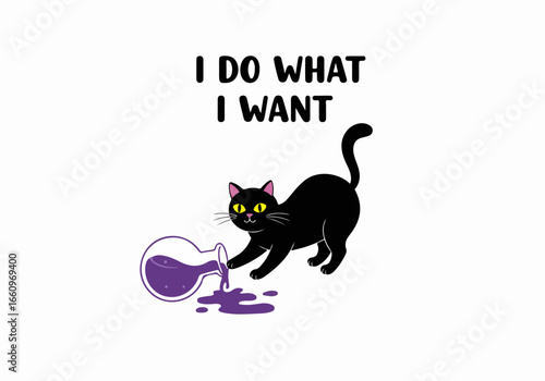 Black cat spilling purple liquid with transparent background