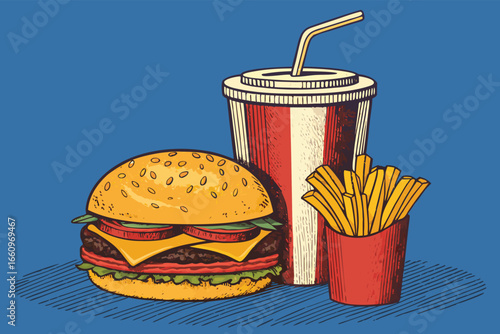 A mouthwatering banner showcasing a classic burger, fries, and soda combo.