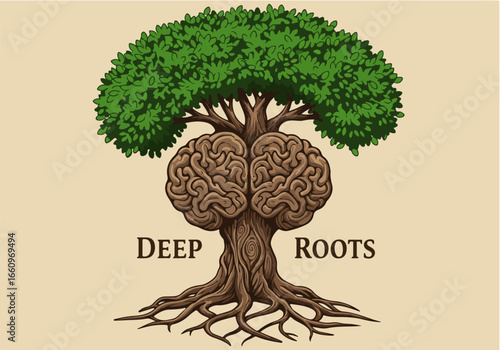 Brain tree roots concept with deep roots