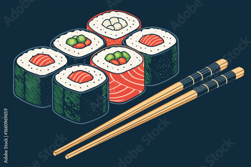 Banner design with sushi rolls and chopsticks.