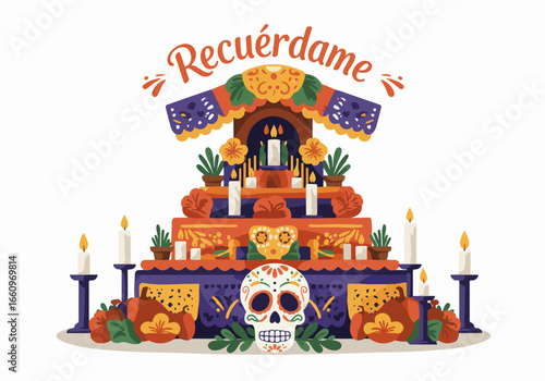 Day of the Dead altar with candles and sugar skulls