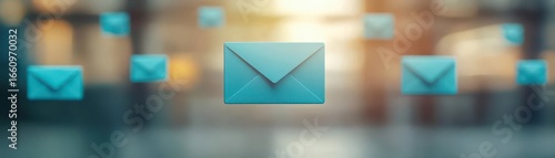 Close-up of multiple blue email envelopes with a focused central email icon on blurred background representing digital communication and email messaging concept