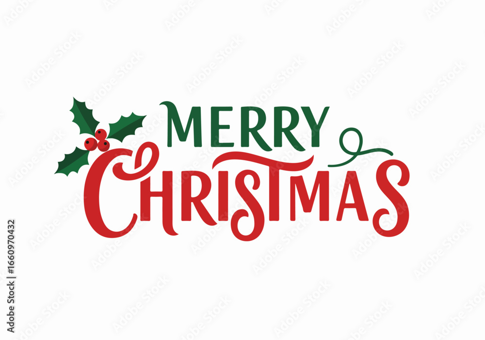 Fototapeta premium Merry Christmas lettering with holly and transparent background