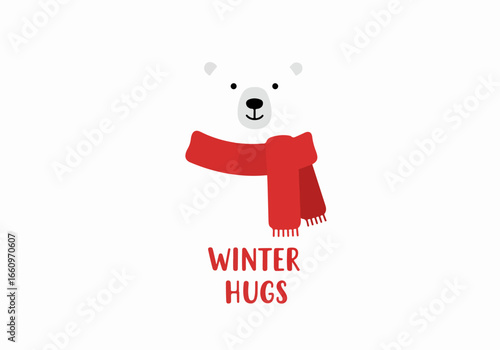 Polar bear with scarf and winter hugs message