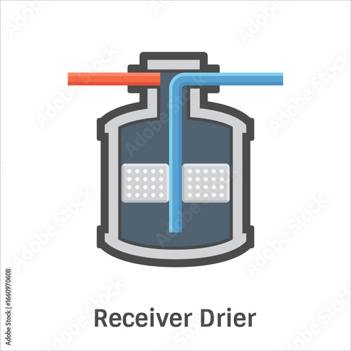 Receiver dryer inside vector icon, component in air conditioning HVAC systems. Functions to filter, dry and store refrigerant while removing moisture and impurities for system efficiency.