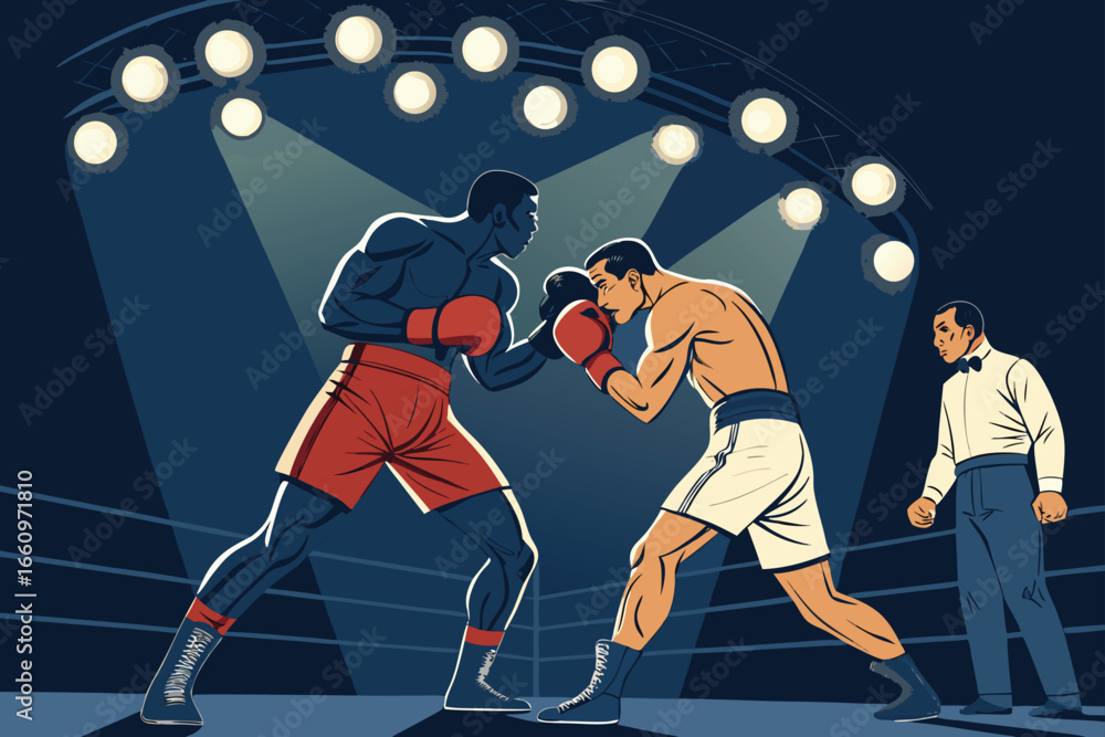 Obraz premium Boxing match under Olympic lights with referee.