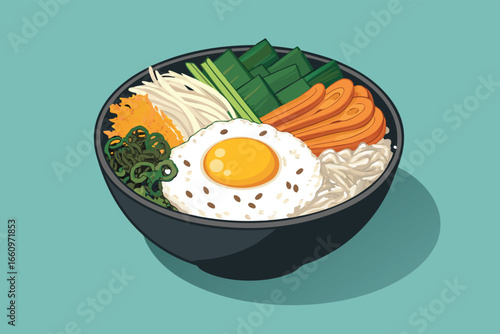 Bibimbap bowl with fried egg, vegetables, and rice.