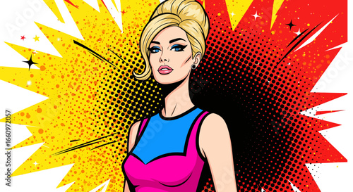 A glamorous blonde woman in a vibrant pop art style, exuding retro charm against an explosive comic book background.