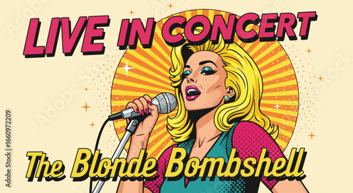 Glamorous blonde pop star in retro style Live concert with the woman, a classic performance.