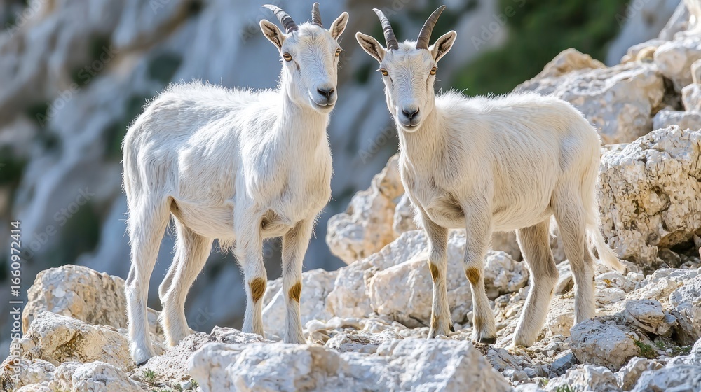 Obraz premium Two young, white ibex stand side-by-side on a rocky, limestone hillside. The goats have prominent, curved horns and alert expressions. 