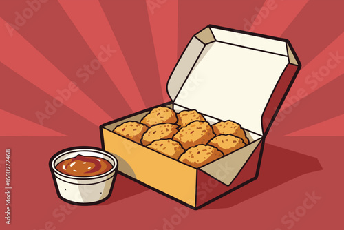 Box of chicken nuggets with dipping sauce.