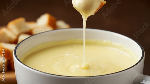 Closeup of spoon dipping bread into creamy cheese soup in a white bowl with bread pieces in background