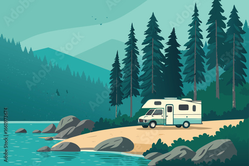 Camping scene with RV near forest lake in Florida.