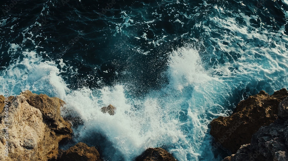 Obraz premium Waves crash powerfully against rugged, rocky cliffs. The water is a deep, turbulent blue-gray, with white foam and spray erupting as the waves break.