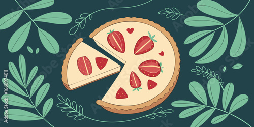 Vector illustration of top view of a freshly baked strawberry cheesecake in a heart shape green foliage.