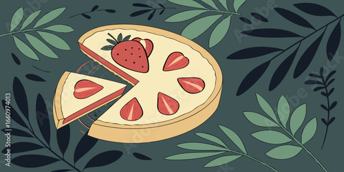 Vector illustration of top view of a freshly baked strawberry cheesecake in a heart shape green foliage.