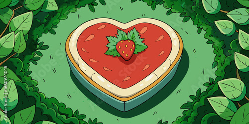 Vector illustration of top view of a freshly baked strawberry cheesecake in a heart shape green foliage.