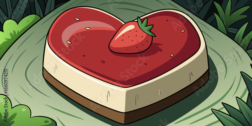Vector illustration of top view of a freshly baked strawberry cheesecake in a heart shape dark foliage.