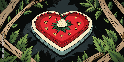 Vector illustration of top view of a freshly baked strawberry cheesecake in a heart shape dark foliage.