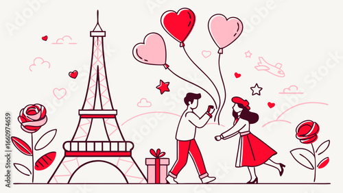 Flat vector illustration of Valentine’s Day romantic couple with heart balloons, roses, Eiffel Tower, love letters, pink theme and seasonal love celebration design