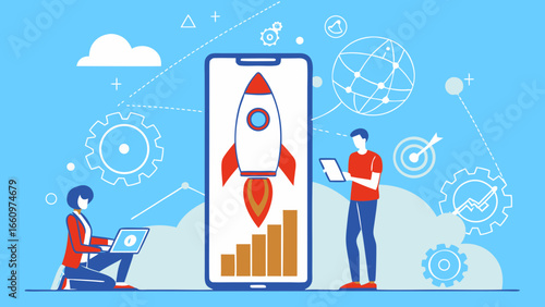 Flat vector illustration of startup innovation with digital transformation, smartphone apps, AI icons, global network, and entrepreneurs for modern business technology