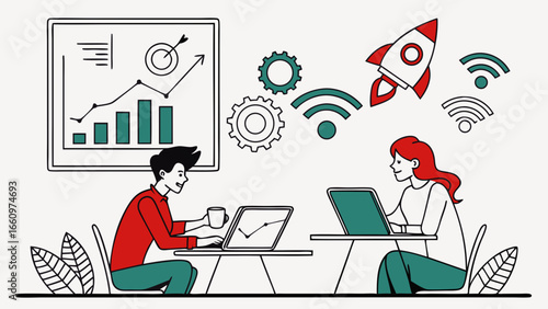 Flat vector illustration of coworking space with entrepreneurs, laptops, charts, whiteboard, Wi-Fi, gears, and rocket icons for startup collaboration and innovation ecosystem