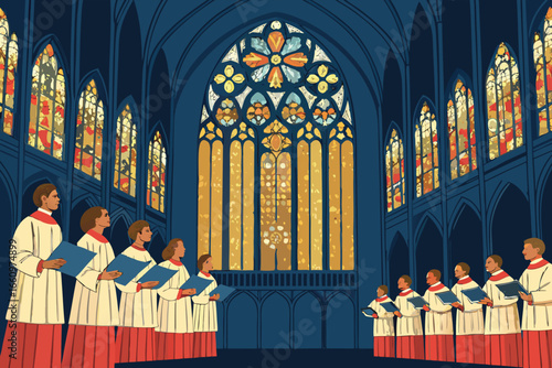 Choir singing in a grand hall with stained glass windows.