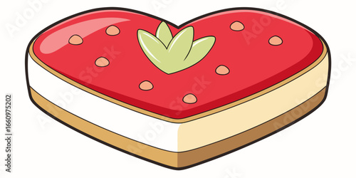 Vector illustration of top view of a freshly baked strawberry cheesecake in a heart shape isolated foliage.
