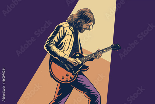 Guitarist solo bathed in a dramatic spotlight on stage.