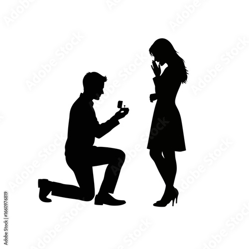 Romantic proposal silhouette with surprised woman and hopeful man on bended knee offering ring