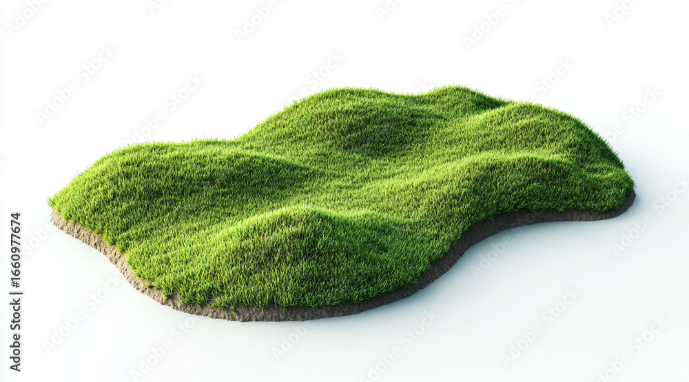 Fototapeta premium A 3D render shows a piece of land covered in lush green grass and small bushes, with visible soil layers on its irregular edges, all against a white background.