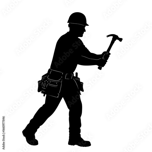 Skilled construction worker silhouette with hammer, ready to build your vision with strength and determination