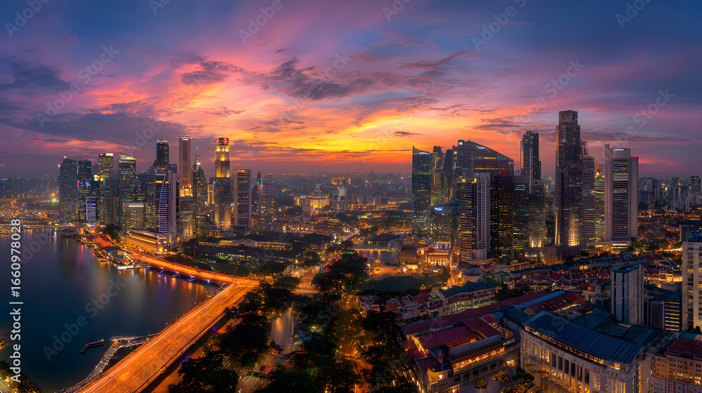 Fototapeta premium Singapore Skyline: Dramatic Sunset Panorama, Vibrant Cityscape at Dusk, Illuminated Streets and Modern Architecture.