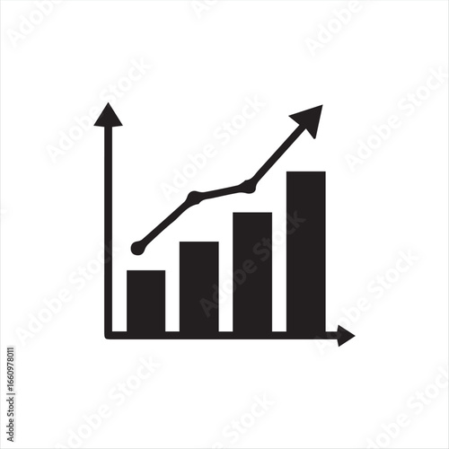 Minimalist growing graph icon showing an upward bar chart with an arrow. Perfect symbol for business growth, success, finance, statistics, and performance improvement