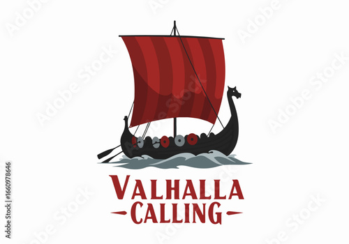 Viking ship with red sail and dragon head