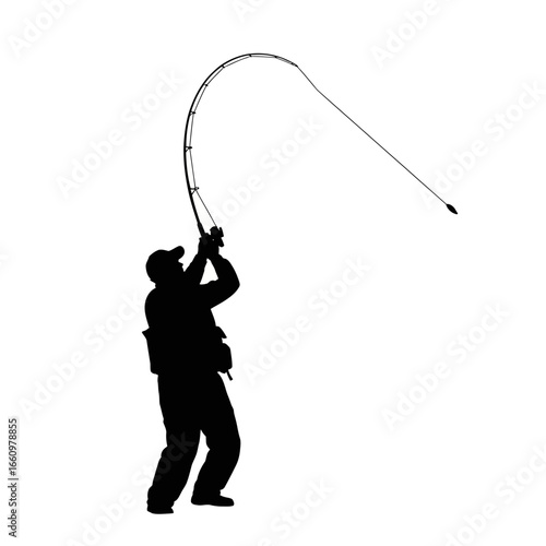 Powerful silhouette of fisherman reeling in a big catch with rod bending dramatically against white backdrop