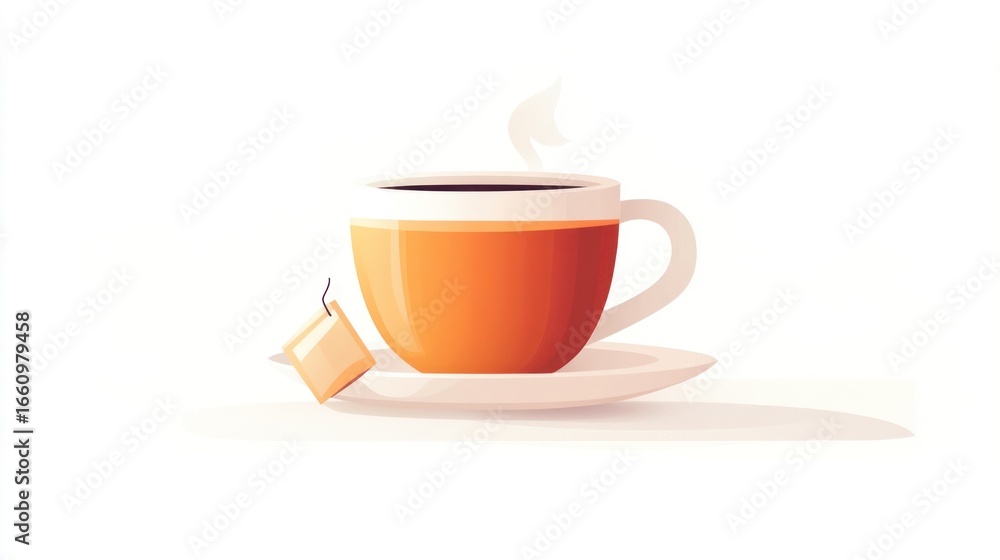 Obraz premium Cartoon teacup and teabag on saucer. Flat style. Illustration of tea. Suitable for stock photography or educational material