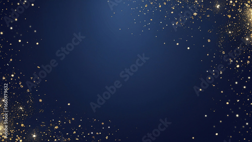 Gold glitter sparkle confetti dust particles on dark blue background abstract luxury and elegant backdrop design