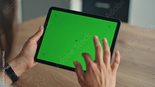 Person using tablet with green screen for customization and adding your product or application on