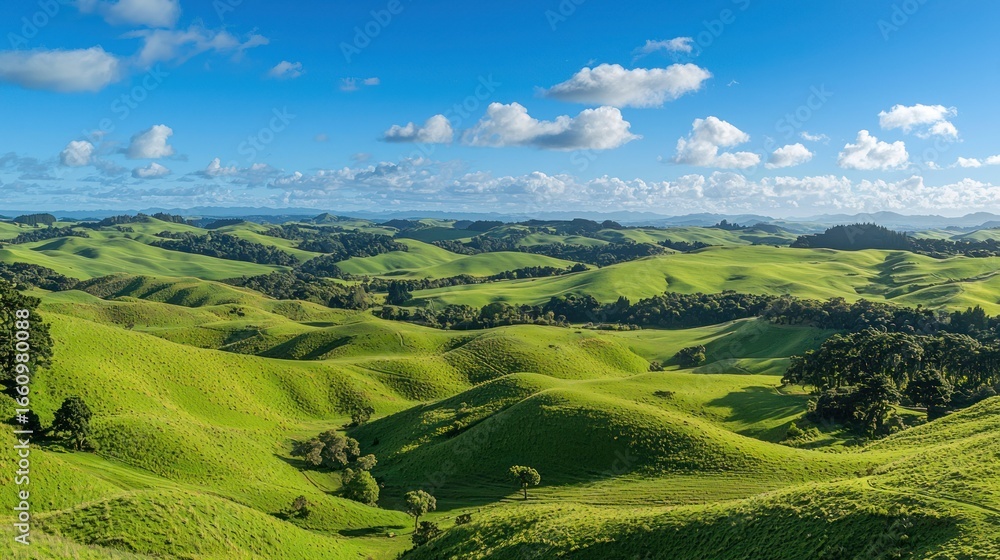 Fototapeta premium A panoramic view showcases rolling green hills under a vibrant blue sky dotted with fluffy white clouds. The landscape is characterized by undulating terrain