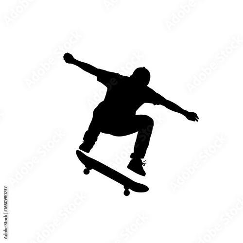 Dynamic skateboarder silhouette performing aerial trick with arms outstretched on white, great for extreme sport brands